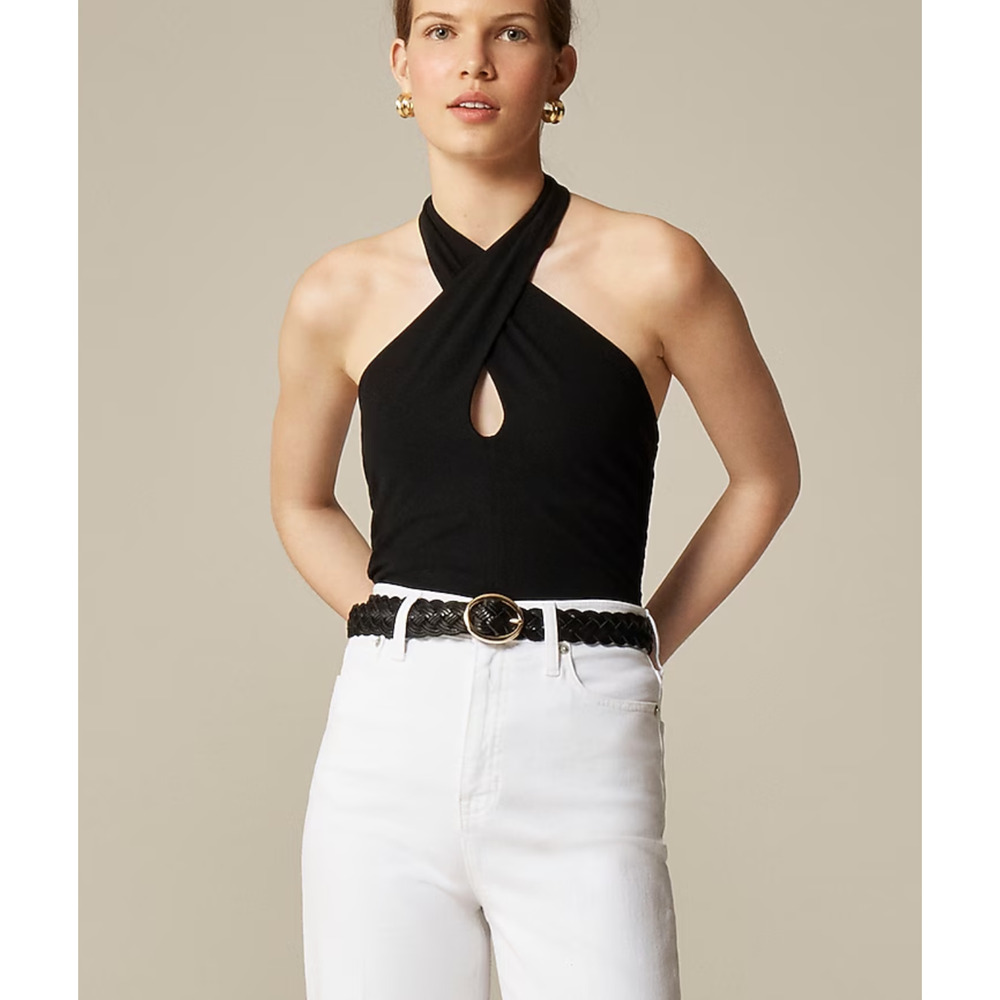 J Crew Stretch Cotton Halter Top M Black NWT Tank Blouse Twist CO088 J.Crew